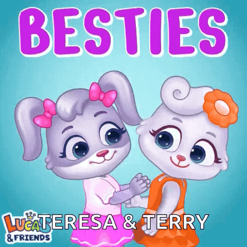 Two Rabbits Are Standing Next To Each Other With The Words Besties On The Bottom GIF