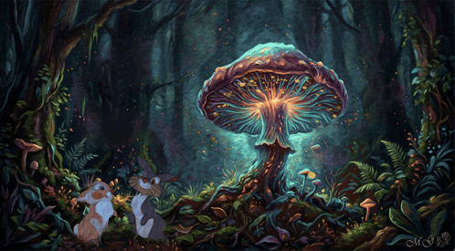 Two Rabbits In Forest With Mushroom GIF