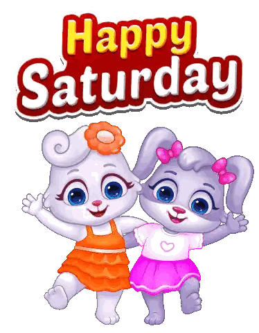 two rabbits standing next to each other with the words happy saturday behind them