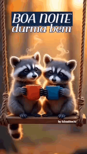 Two Raccoons Are Sitting On A Swing Holding Mugs Of Coffee . GIF