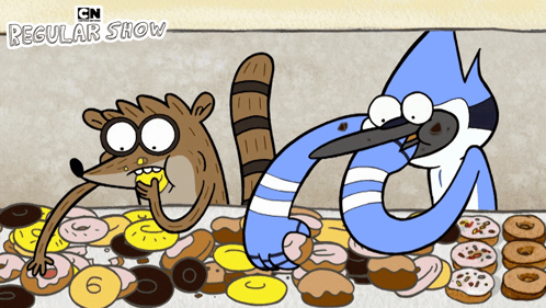 Two Regular Show Characters Eating Donuts