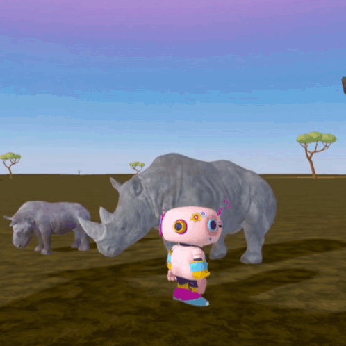 Two Rhinos and Robot in Field