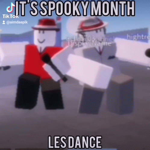 Two Roblox Characters Are Dancing In A Video Titled It 'S Spooky Month Les Dance . GIF