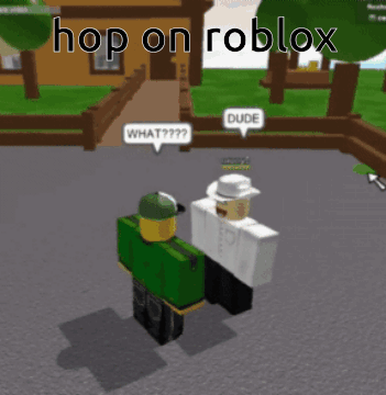 Two Roblox Characters Are Standing Next To Each Other With A Speech Bubble That Says Hop On Roblox Look Behind You GIF