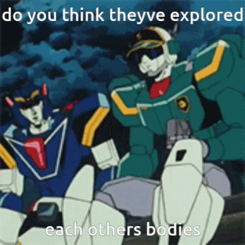 Two Robots Are Standing Next To Each Other With The Caption Do You Think Theyve Explored Each Others Bodies . GIF
