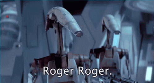 Two Robots Are Standing Next To Each Other With The Words Roger Roger On The Bottom GIF