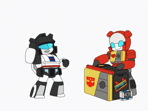 Two Robots Dancing Next to Boombox