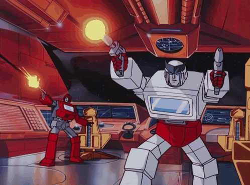 Two Robots Holding Gun and Flamethrower