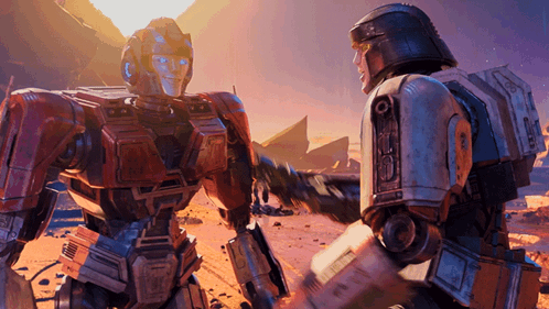 Two Robots Shaking Hands in Desert Landscape