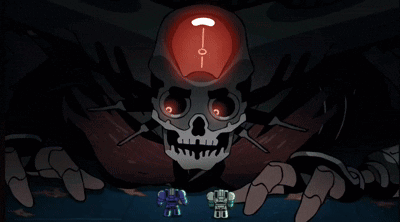 Two Robots Standing in Front of Giant Robot With Blue Light