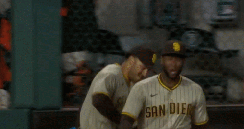 Two San Diego Padres Baseball Players Are Standing On The Field . GIF