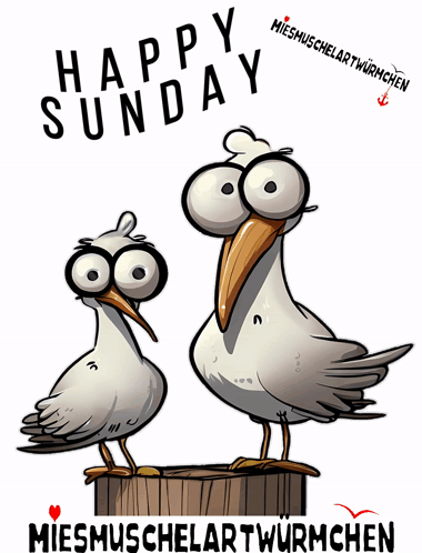 Two Seagulls On Wooden Block Saying Happy Sunday GIF