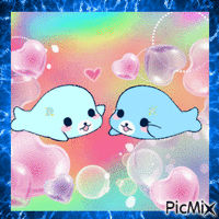 Two Seals Surrounded by Bubbles and Hearts