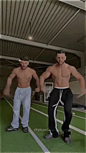Two Shirtless Men Are Dancing In A Gym And The Caption Says Itsyungi GIF