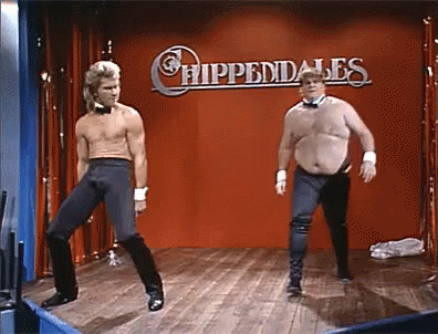 Two Shirtless Men Are Dancing In Front Of A Sign That Says Chippendale 'S GIF