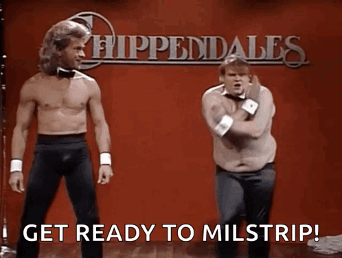Two Shirtless Men Are Dancing In Front Of A Sign That Says Hippendales GIF