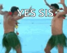 Two Shirtless Men Are Dancing On The Beach And The Words Yes Sis Are Visible In The Background . GIF