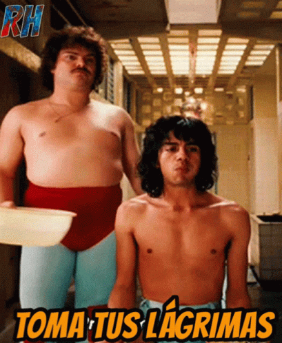 Two Shirtless Men Are Standing Next To Each Other With The Words Toma Tus Lagrimas Written On The Bottom GIF
