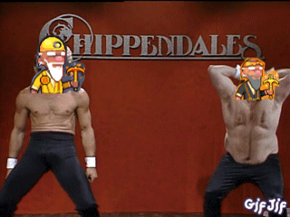 Two Shirtless Men Dancing in Front of Hippendales Sign