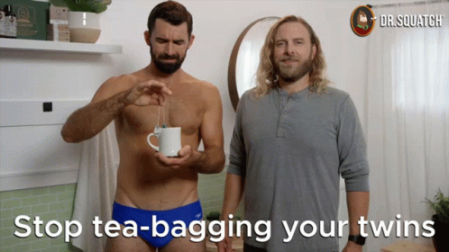 Two Shirtless Men Stop Tea-Bagging Your Twins GIF