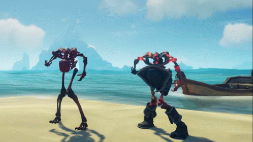 Two Skeletons Are Standing On A Sandy Beach Near The Ocean GIF