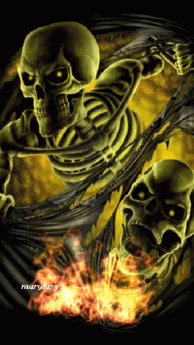Two Skeletons Are Surrounded By Flames And The Name Maryka75 Is At The Bottom GIF