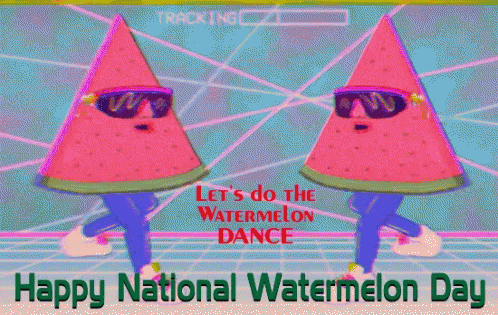 Two Slices Of Watermelon Wearing Sunglasses Are Dancing On A Colorful Background With The Words " Happy National Waterme GIF