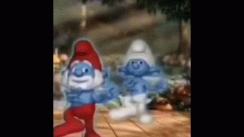 Two Smurfs Are Dancing Together On A Tiled Floor In A Room . GIF