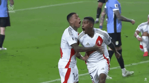 Two Soccer Players Are Celebrating A Goal On A Field . GIF