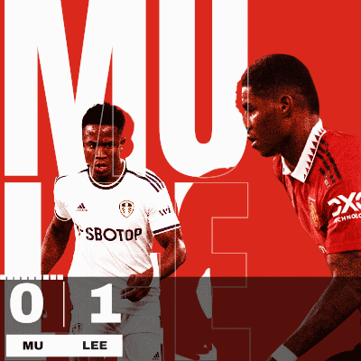 Two Soccer Players Are Standing In Front Of A Red Background With The Letters Mu On It GIF