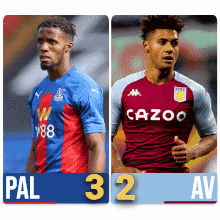 Two Soccer Players Are Standing Next To Each Other With The Score Of 32 To 2 GIF