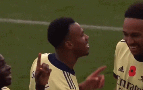 two soccer players are talking to each other on the field . one of the players has a poppy on his shirt .