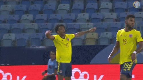 Two Soccer Players In Yellow Jerseys With Number 19 GIF