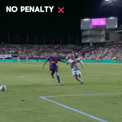 Two Soccer Players On A Field With The Words No Penalty X Below Them GIF