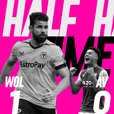 Two Soccer Players On A Pink Background With Half Time Wol 1-0 GIF