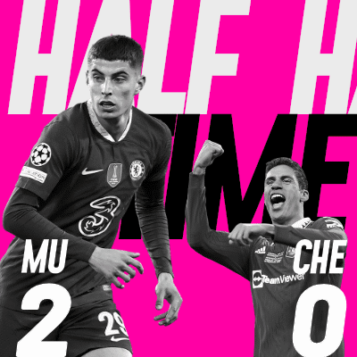 Two Soccer Players On A Pink Background With Half Time Written In White GIF