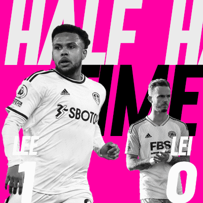 Two Soccer Players On A Pink Background With Half Time Written On The Bottom GIF