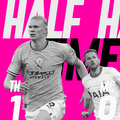 Two Soccer Players On A Pink Background With The Words Half Time In White Letters GIF