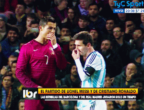 Two Soccer Players Standing Next To Each Other In Front Of A Crowd And A Headline That Says El Partido De Lionel Messi GIF