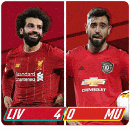 Two Soccer Players Standing Next To Each Other With A Score Of Liv 40 Mu GIF
