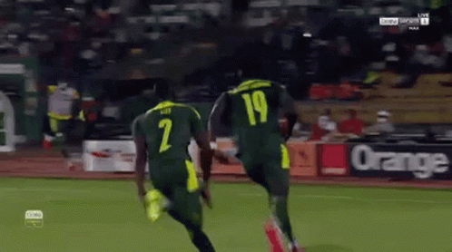 two soccer players wearing jerseys with the number 2 and 19 running on a field