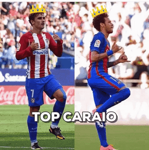 Two Soccer Players With Crowns On Their Heads And The Words Top Caraio GIF
