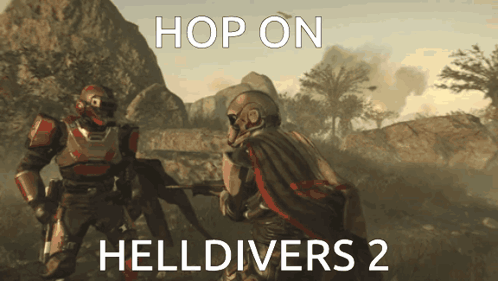 Two Soldiers Are Fighting With The Words Hop On Helldivers 2 Below Them GIF