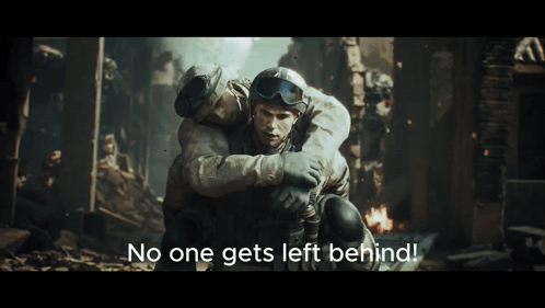 Two Soldiers Are Hugging With The Words No One Gets Left Behind Behind Them GIF