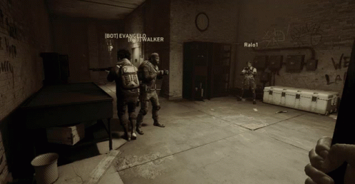 Two Soldiers Are Standing In A Dark Room And One Of Them Is Called Evangelio GIF