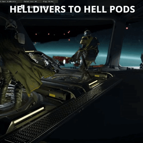 Two Soldiers Are Standing In A Room With The Words Helldivers To Hell Pods GIF