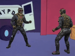 Two Soldiers Are Standing In Front Of A Nypd Van GIF