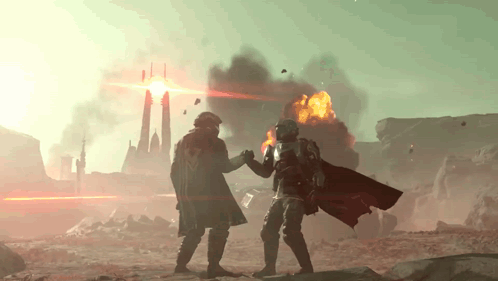 Two Soldiers Are Standing In Front Of An Explosion In A Video Game Scene GIF