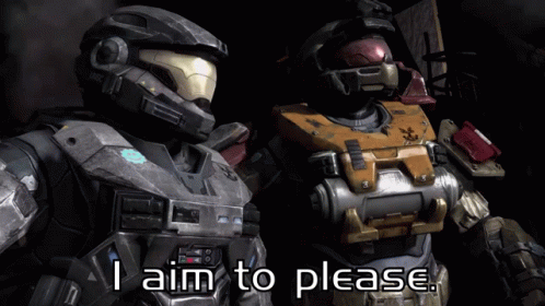 Two Soldiers Are Standing Next To Each Other With The Words " I Aim To Please " On The Bottom GIF