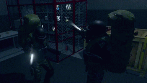 Two Soldiers Holding Guns In A Dark Room With A Red Cage In The Background GIF